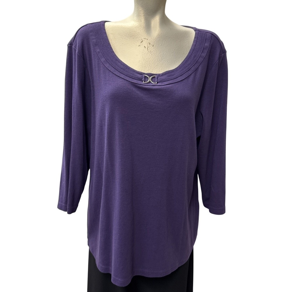 Karen Scott Woman Purple 3/4 Sleeve Scoop‎ Neck Top 2X Plus Size Cotton Blend